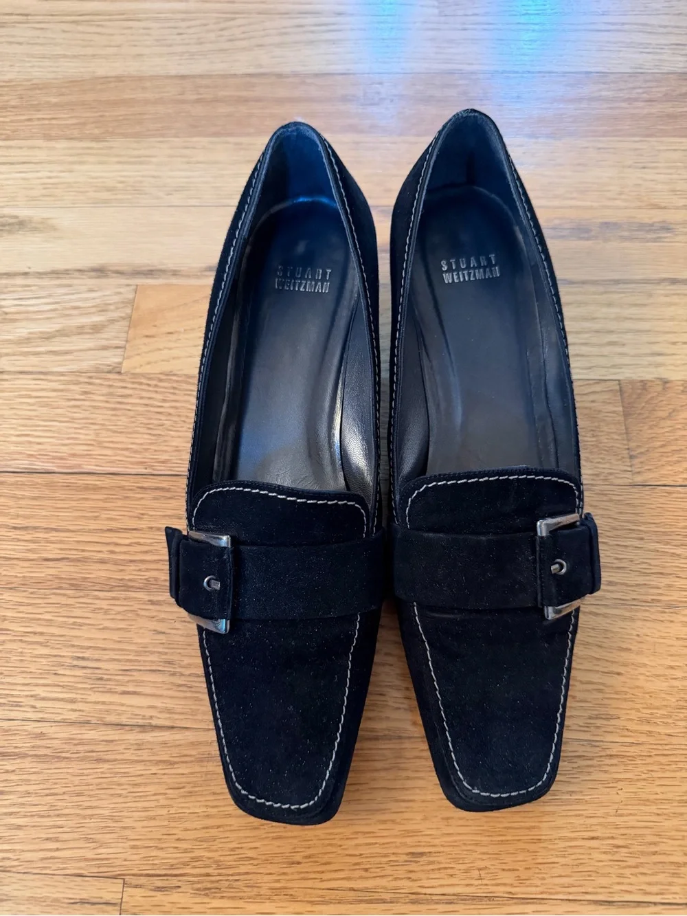 Stuart Weitzman Black Suede Kitten Heel Loafers